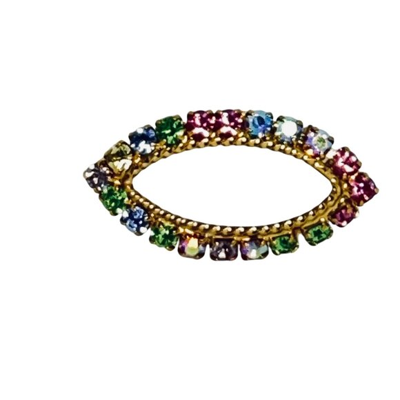 Unknown Jewelry - Vintage Gold Tone Multi Colored Rhinestone Oval Brooch (5760)
